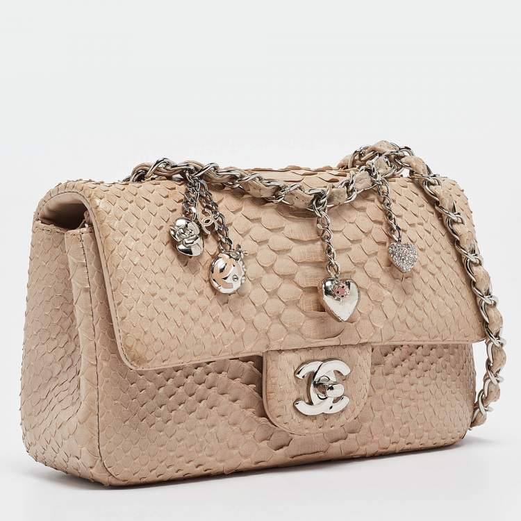 Pre Owned Chanel Beige Python New Mini Charm Classic Flap Bag