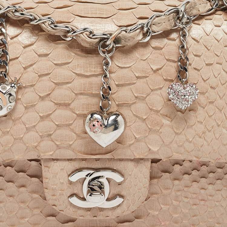 Pre Owned Chanel Beige Python New Mini Charm Classic Flap Bag