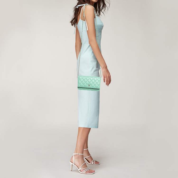 Pre Owned Chanel Light Green Quilted Leather CC Wallet on Chain