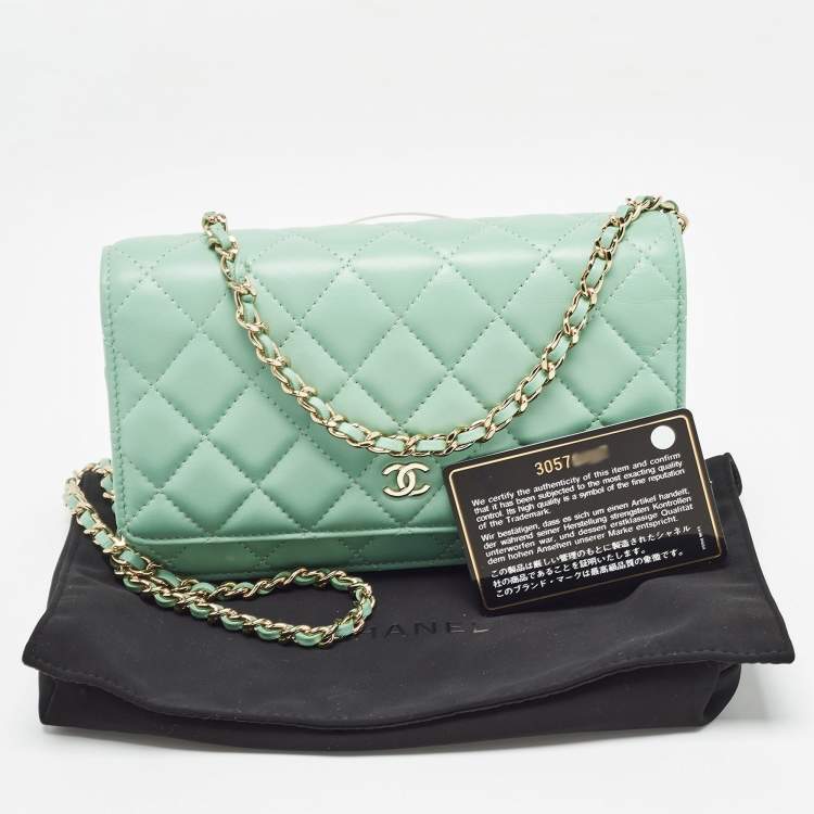 Pre Owned Chanel Light Green Quilted Leather CC Wallet on Chain