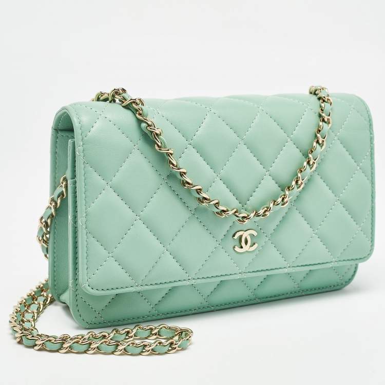 Pre Owned Chanel Light Green Quilted Leather CC Wallet on Chain