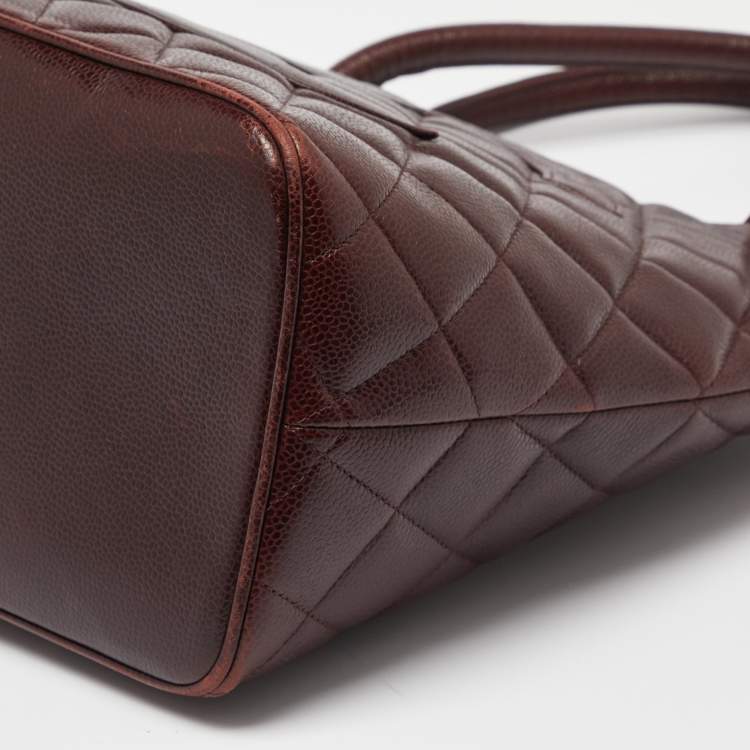 Pre Owned Chanel Burgundy Quilted Caviar Leather Medallion Tote
