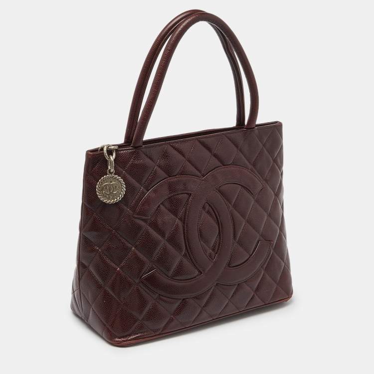 Pre Owned Chanel Burgundy Quilted Caviar Leather Medallion Tote
