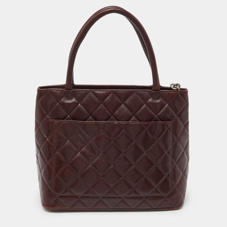 Pre Owned Chanel Burgundy Quilted Caviar Leather Medallion Tote