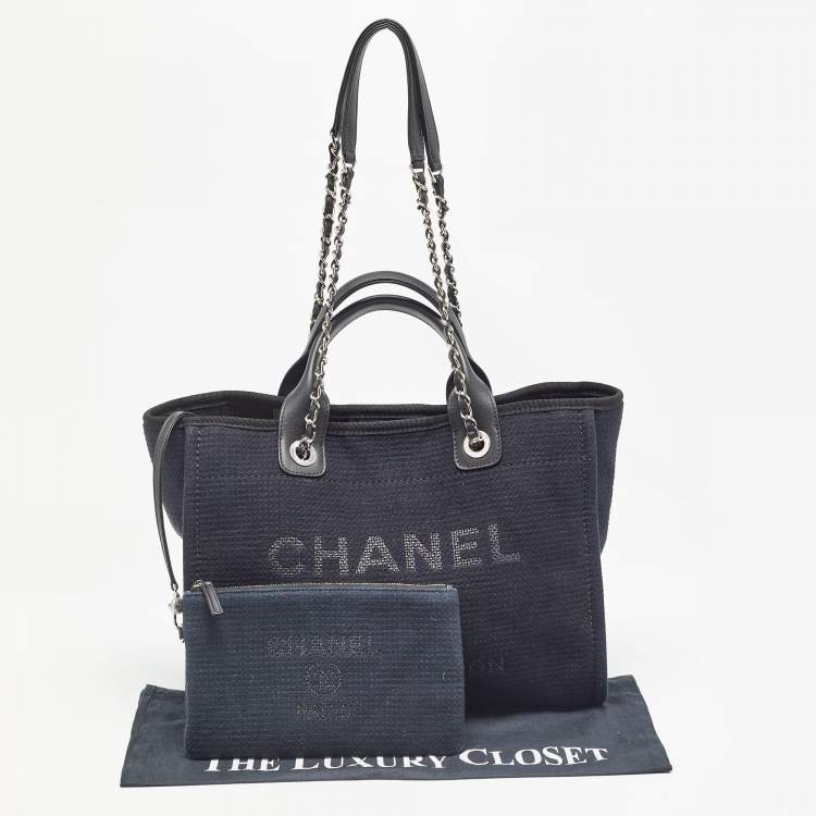 Pre Owned Chanel Navy Blue/Black Canvas Small Deauville Tote