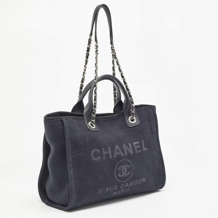 Pre Owned Chanel Navy Blue/Black Canvas Small Deauville Tote