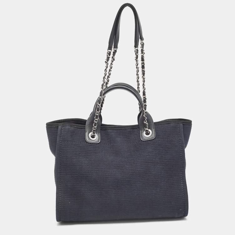 Pre Owned Chanel Navy Blue/Black Canvas Small Deauville Tote