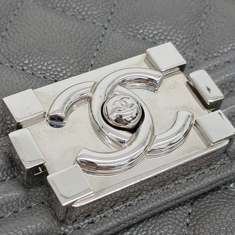 Pre Owned Chanel Grey Caviar Leather Boy Flap Bag