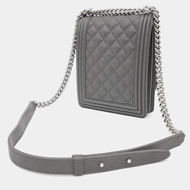 Pre Owned Chanel Grey Caviar Leather Boy Flap Bag