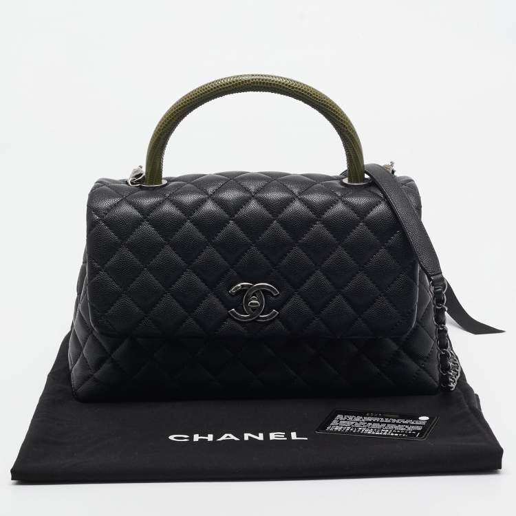 Pre Owned Chanel Black/Green Quilted Caviar Leather and Lizard Small Coco Top Handle Bag