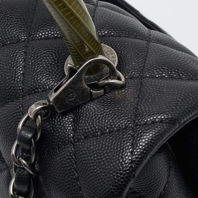 Pre Owned Chanel Black/Green Quilted Caviar Leather and Lizard Small Coco Top Handle Bag