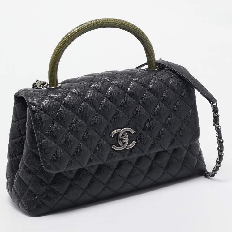 Pre Owned Chanel Black/Green Quilted Caviar Leather and Lizard Small Coco Top Handle Bag