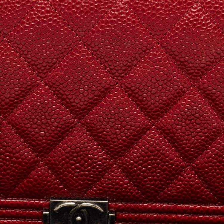Pre Owned Chanel Dark Red Quilted Caviar Leather Boy Yen Wallet