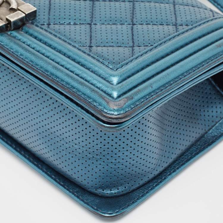 Pre Owned Chanel Metallic Blue Perforated Quilted Leather Medium Boy Flap Bag