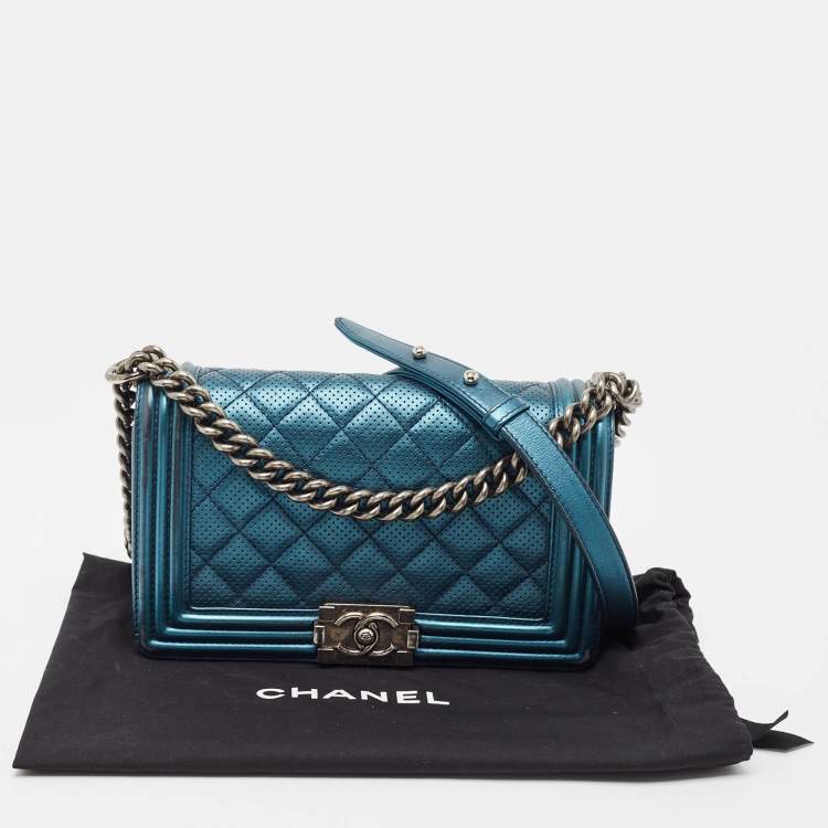 Pre Owned Chanel Metallic Blue Perforated Quilted Leather Medium Boy Flap Bag