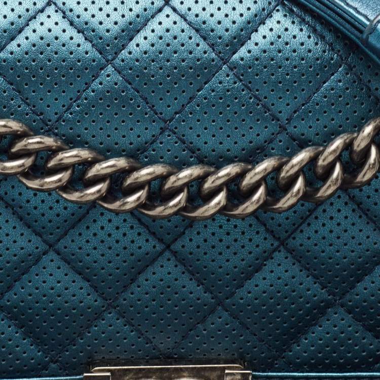 Pre Owned Chanel Metallic Blue Perforated Quilted Leather Medium Boy Flap Bag