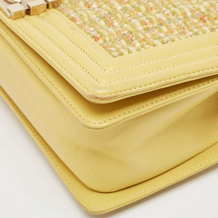 Pre Owned Chanel Yellow Quilted Tweed and Leather Medium Boy Flap Bag