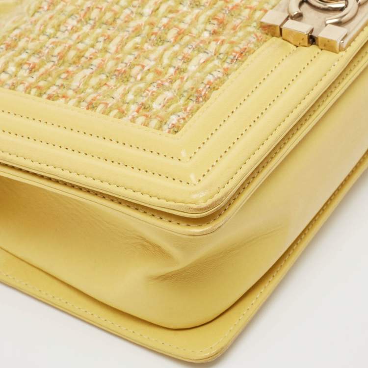 Pre Owned Chanel Yellow Quilted Tweed and Leather Medium Boy Flap Bag