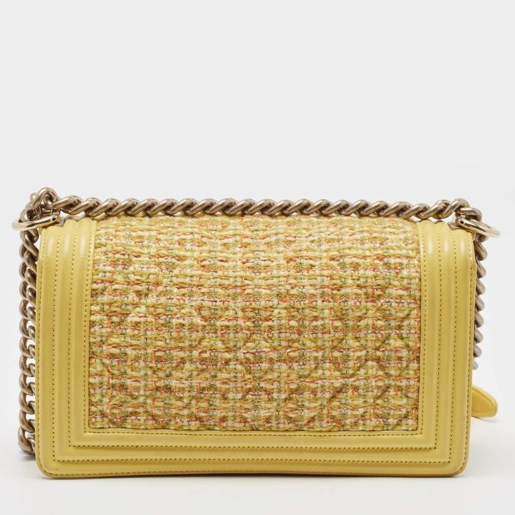 Pre Owned Chanel Yellow Quilted Tweed and Leather Medium Boy Flap Bag
