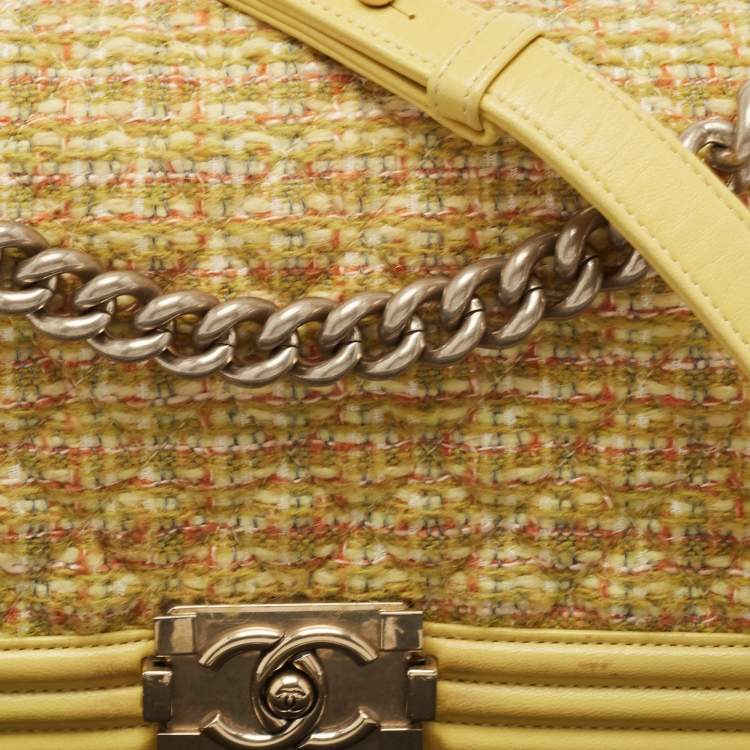 Pre Owned Chanel Yellow Quilted Tweed and Leather Medium Boy Flap Bag