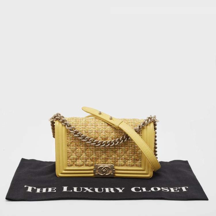 Pre Owned Chanel Yellow Quilted Tweed and Leather Medium Boy Flap Bag