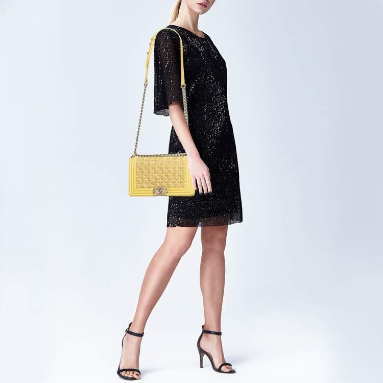 Pre Owned Chanel Yellow Quilted Tweed and Leather Medium Boy Flap Bag