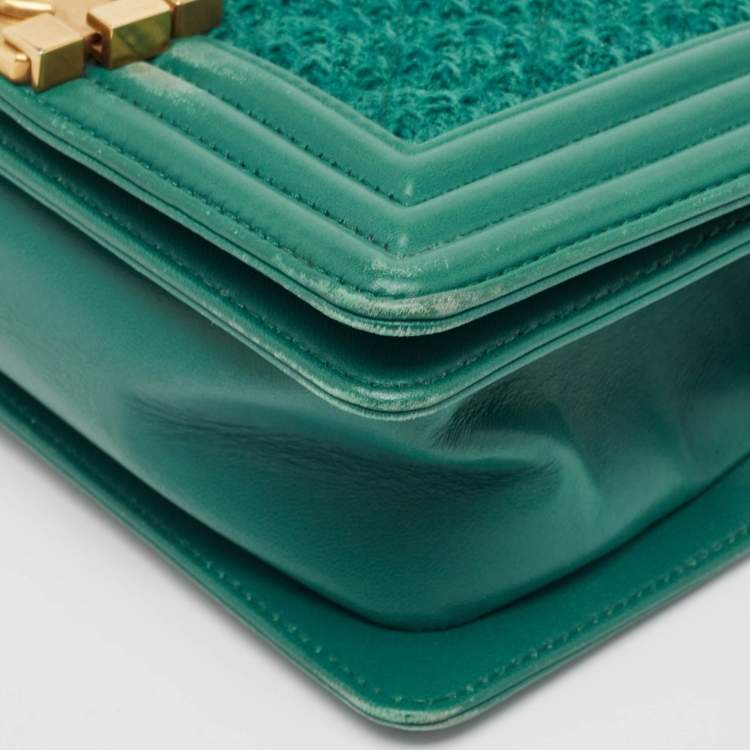 Pre Owned Chanel Green Quilted Wool and Leather Mini Boy Flap Bag