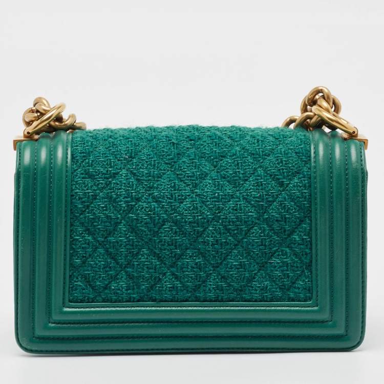 Pre Owned Chanel Green Quilted Wool and Leather Mini Boy Flap Bag