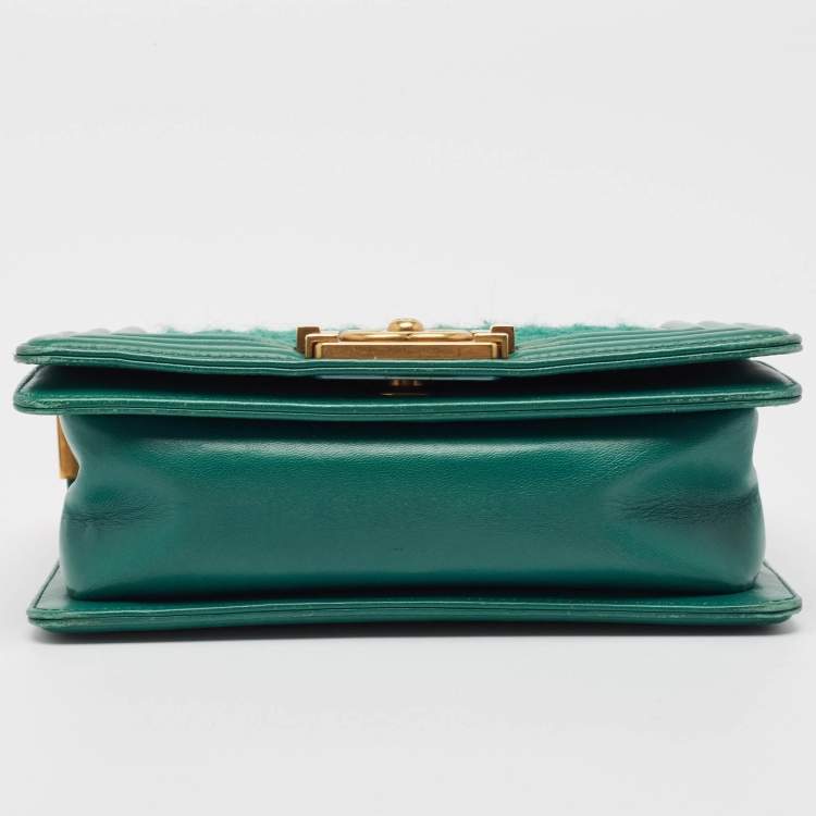 Pre Owned Chanel Green Quilted Wool and Leather Mini Boy Flap Bag