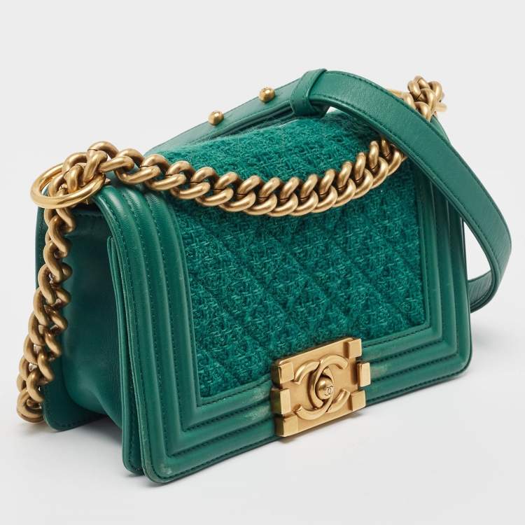 Pre Owned Chanel Green Quilted Wool and Leather Mini Boy Flap Bag