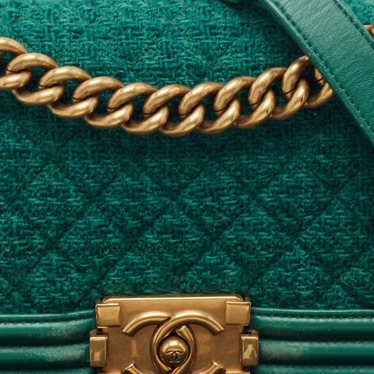 Pre Owned Chanel Green Quilted Wool and Leather Mini Boy Flap Bag