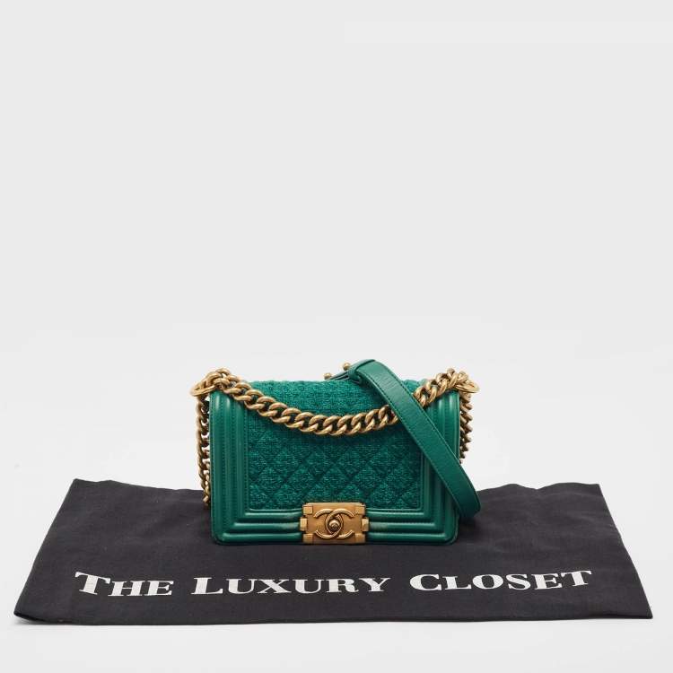 Pre Owned Chanel Green Quilted Wool and Leather Mini Boy Flap Bag