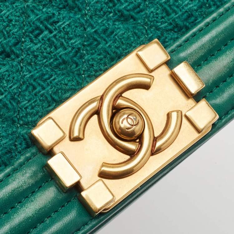 Pre Owned Chanel Green Quilted Wool and Leather Mini Boy Flap Bag