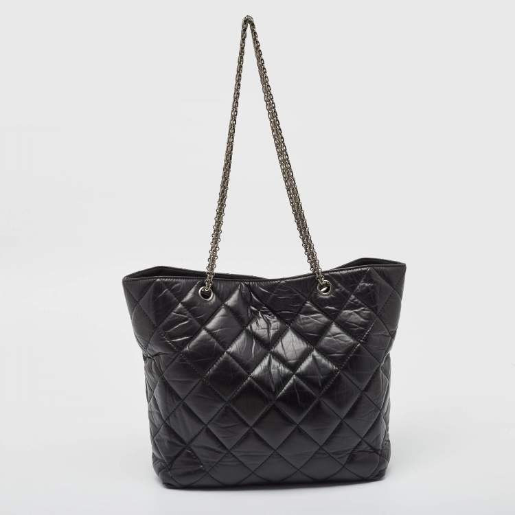 Pre Owned Chanel Black Quilted Aged Leather Reissue East West Tote