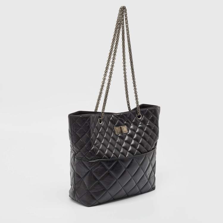 Pre Owned Chanel Black Quilted Aged Leather Reissue East West Tote