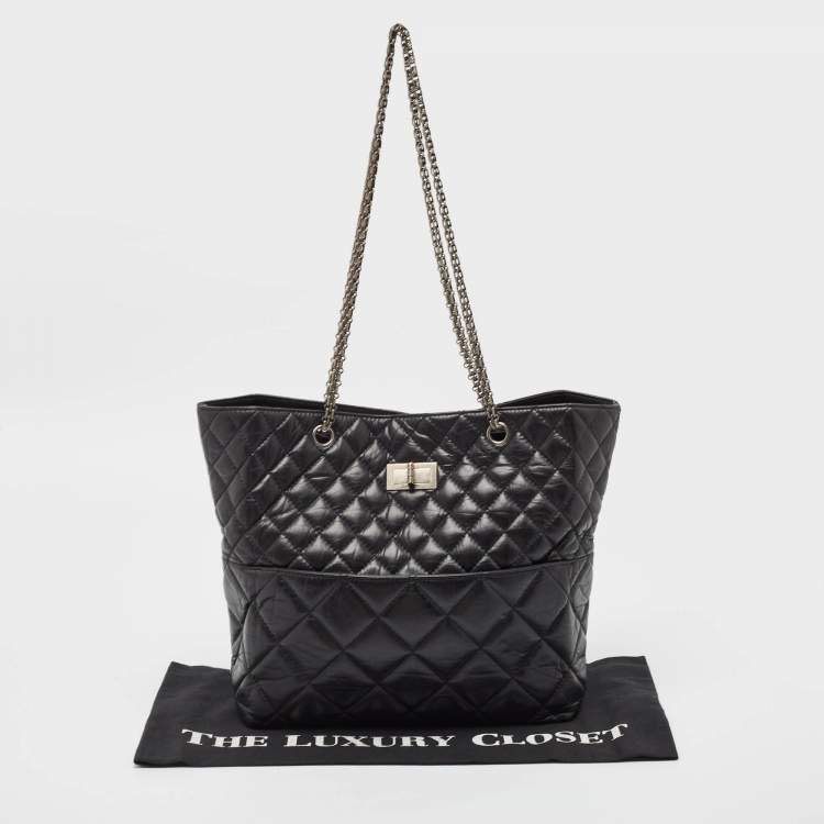 Pre Owned Chanel Black Quilted Aged Leather Reissue East West Tote