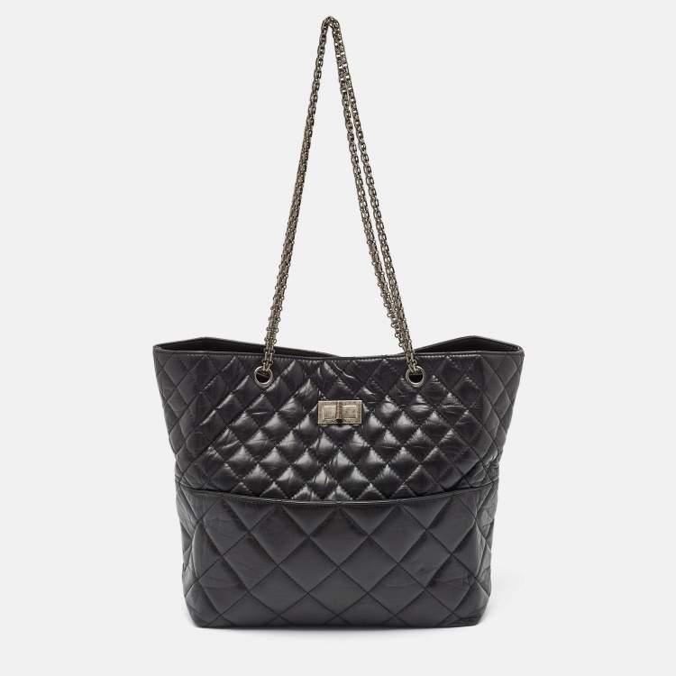 Pre Owned Chanel Black Quilted Aged Leather Reissue East West Tote