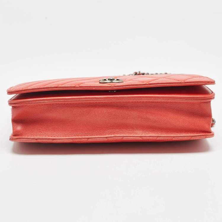 Pre Owned Chanel Orange Quilted Leather Coco Boy Wallet on Chain