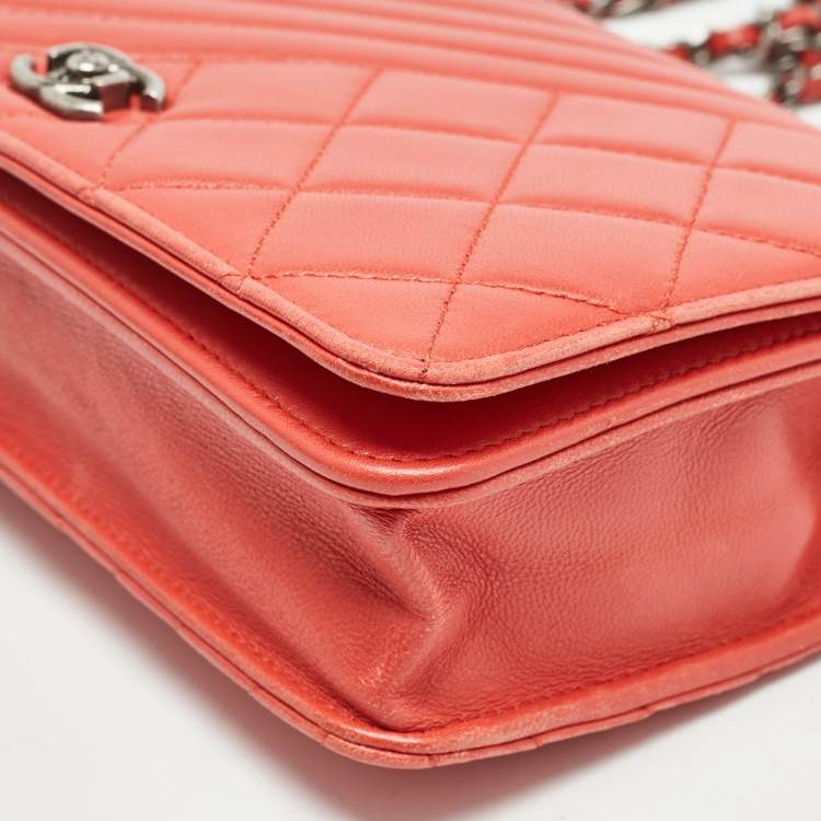 Pre Owned Chanel Orange Quilted Leather Coco Boy Wallet on Chain