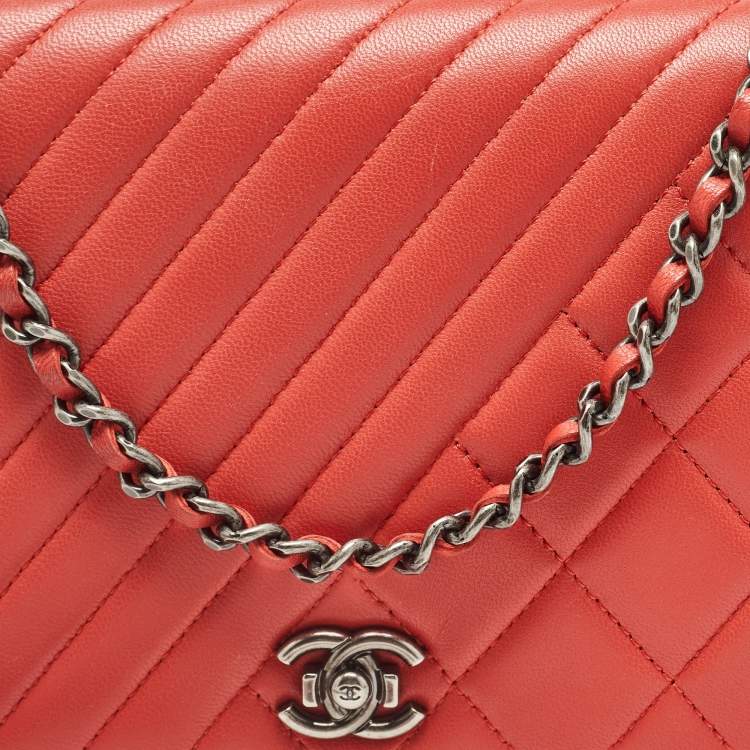 Pre Owned Chanel Orange Quilted Leather Coco Boy Wallet on Chain