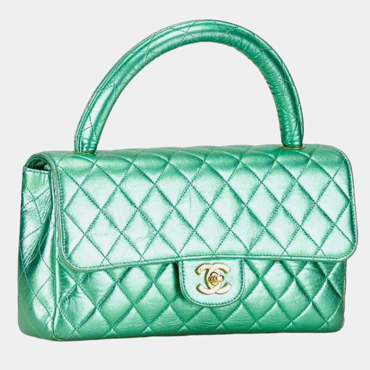 Pre Owned Chanel Metallic Green Lambskin Leather Quilted Top Handle Bag 