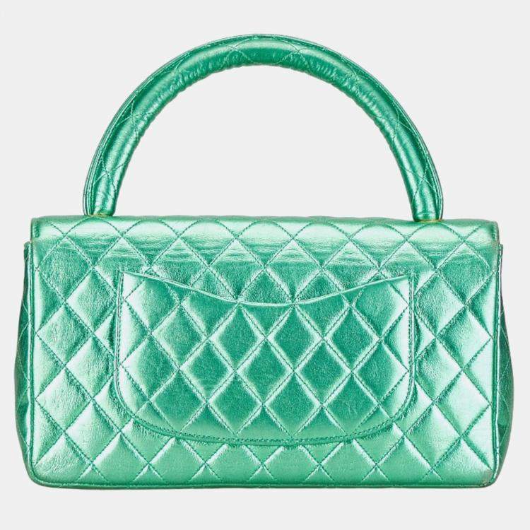 Pre Owned Chanel Metallic Green Lambskin Leather Quilted Top Handle Bag 