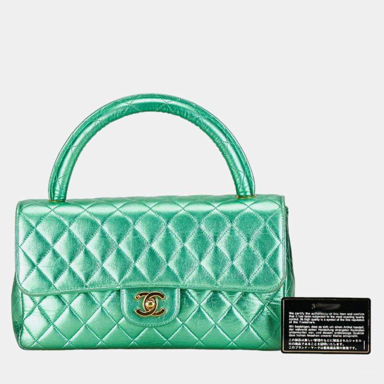 Pre Owned Chanel Metallic Green Lambskin Leather Quilted Top Handle Bag 