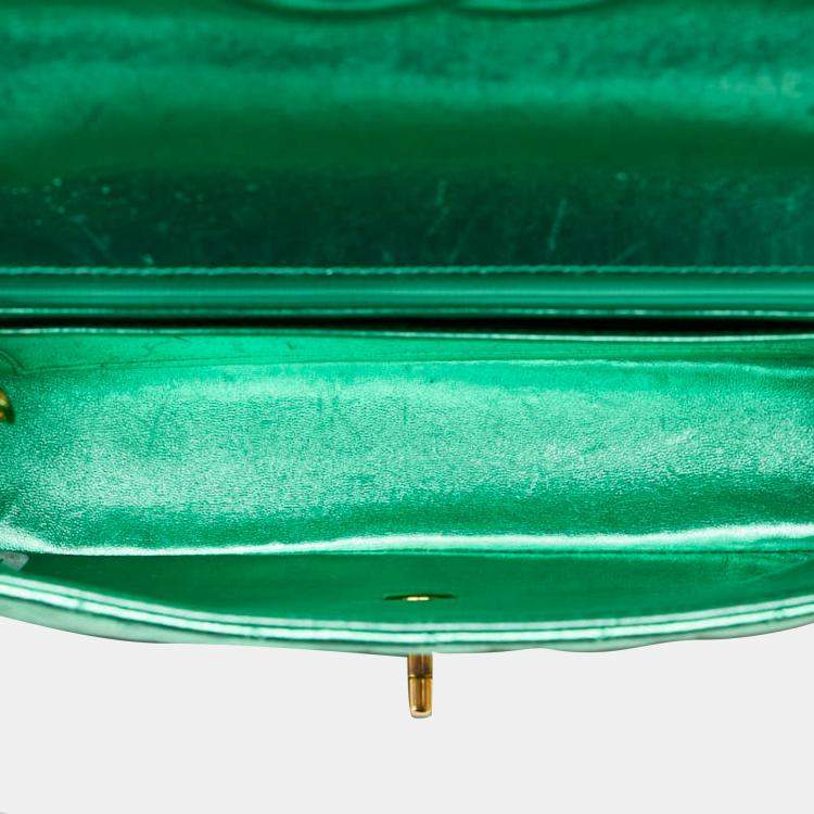 Pre Owned Chanel Metallic Green Lambskin Leather Quilted Top Handle Bag 