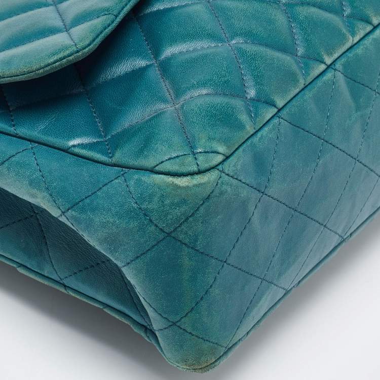Pre Owned Chanel Green Quilted Leather Jumbo Classic Double Flap Bag