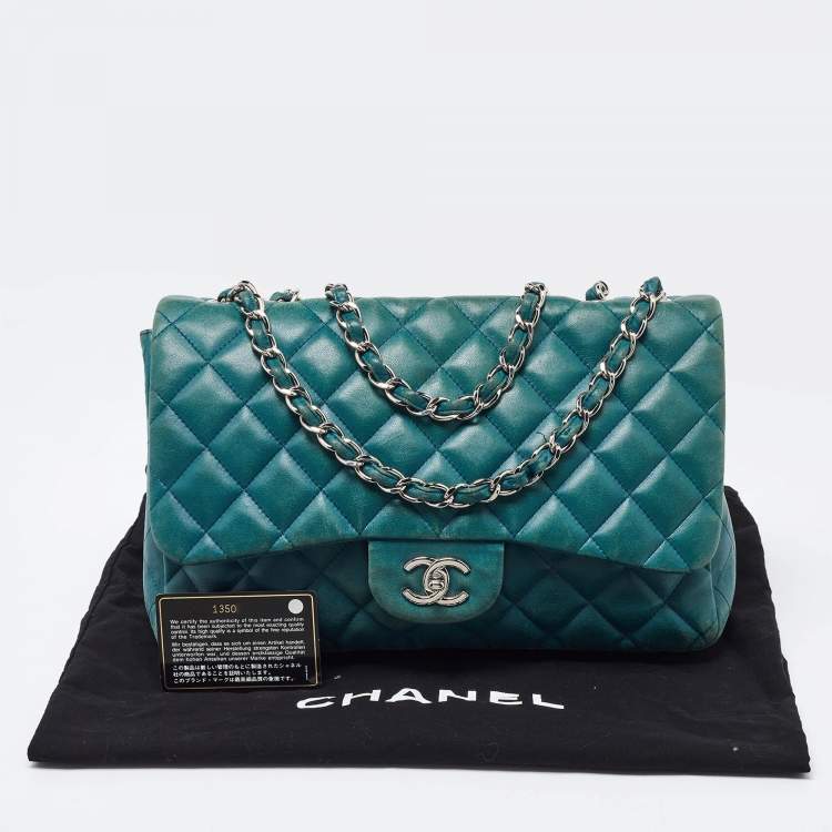 Pre Owned Chanel Green Quilted Leather Jumbo Classic Double Flap Bag