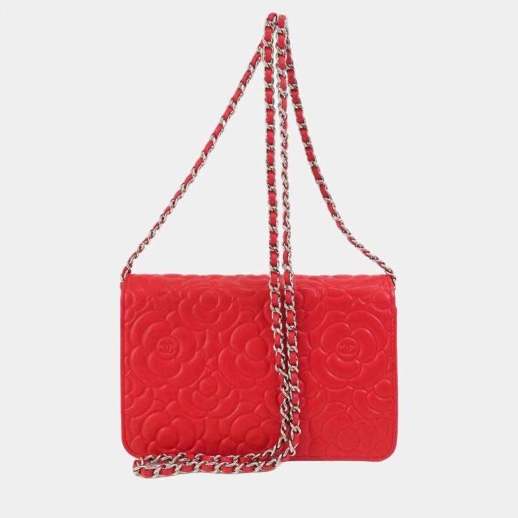 Pre Owned Chanel Red Camellia Leather Embossed Wallet On Chain