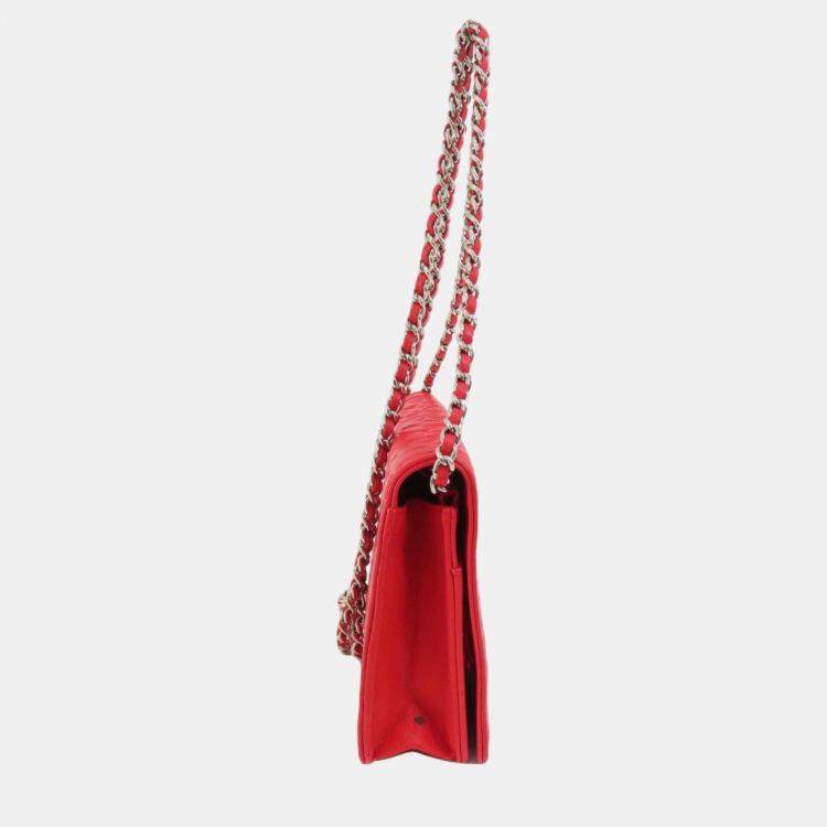 Pre Owned Chanel Red Camellia Leather Embossed Wallet On Chain