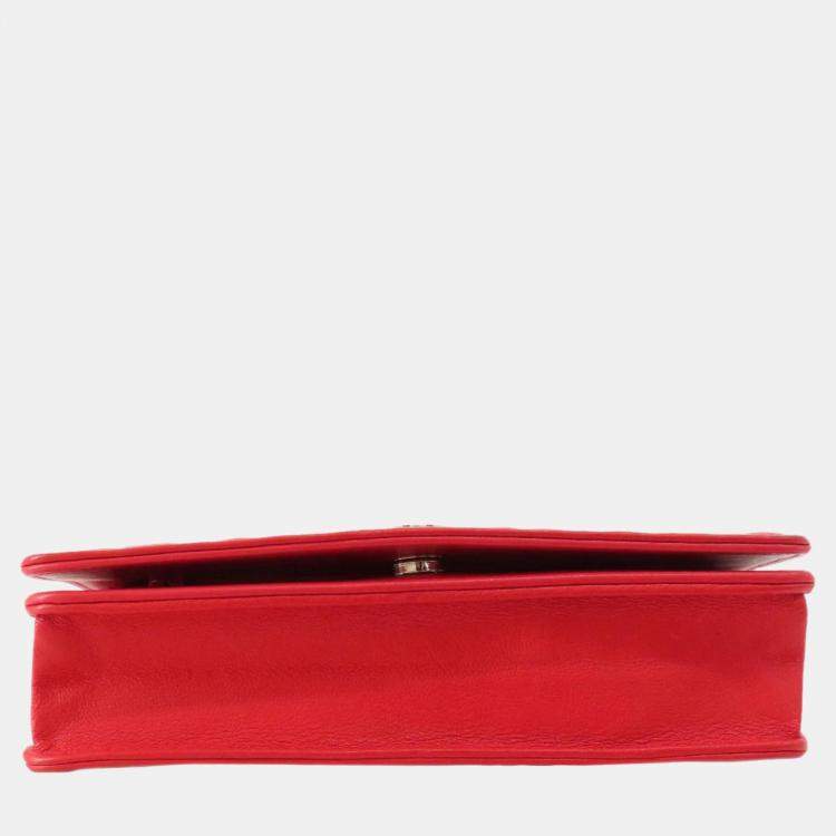 Pre Owned Chanel Red Camellia Leather Embossed Wallet On Chain