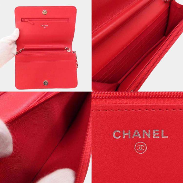 Pre Owned Chanel Red Camellia Leather Embossed Wallet On Chain
